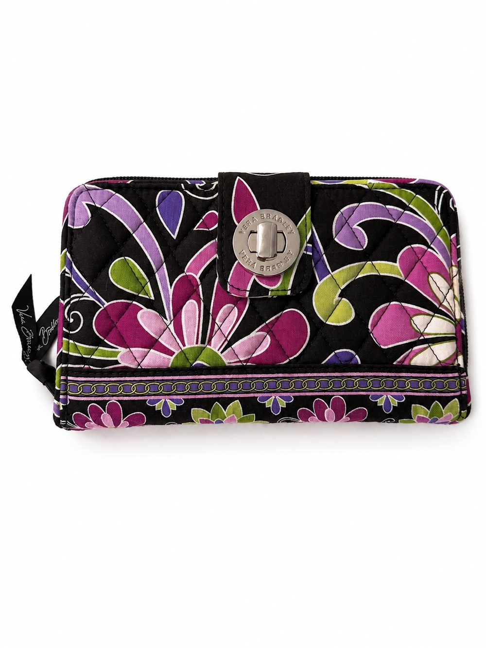 Vera Bradley Black Floral Quilted Turn-Lock Wallet with Pink and Purple Accents